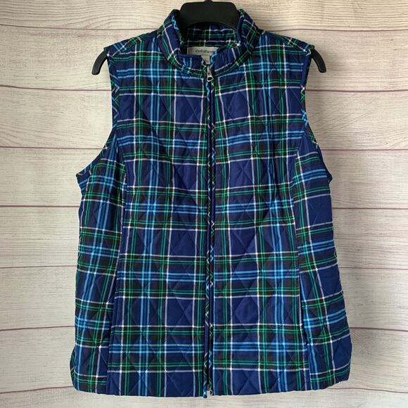 Croft & Borrow Navy Blue and Green Plaid Quilted Vest Full Zip Size L - Picture 1 of 16